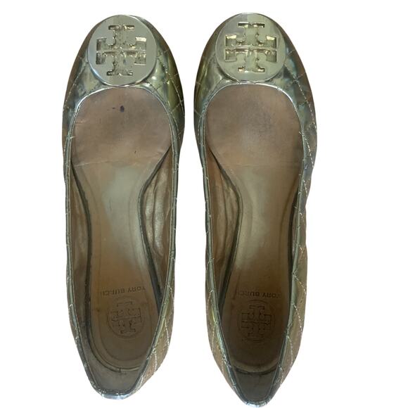 TORY BURCH QUINN QUILTE GOLD PATENT LEATHER BALLET FLATS SIZE 8.5M - Picture 4 of 12